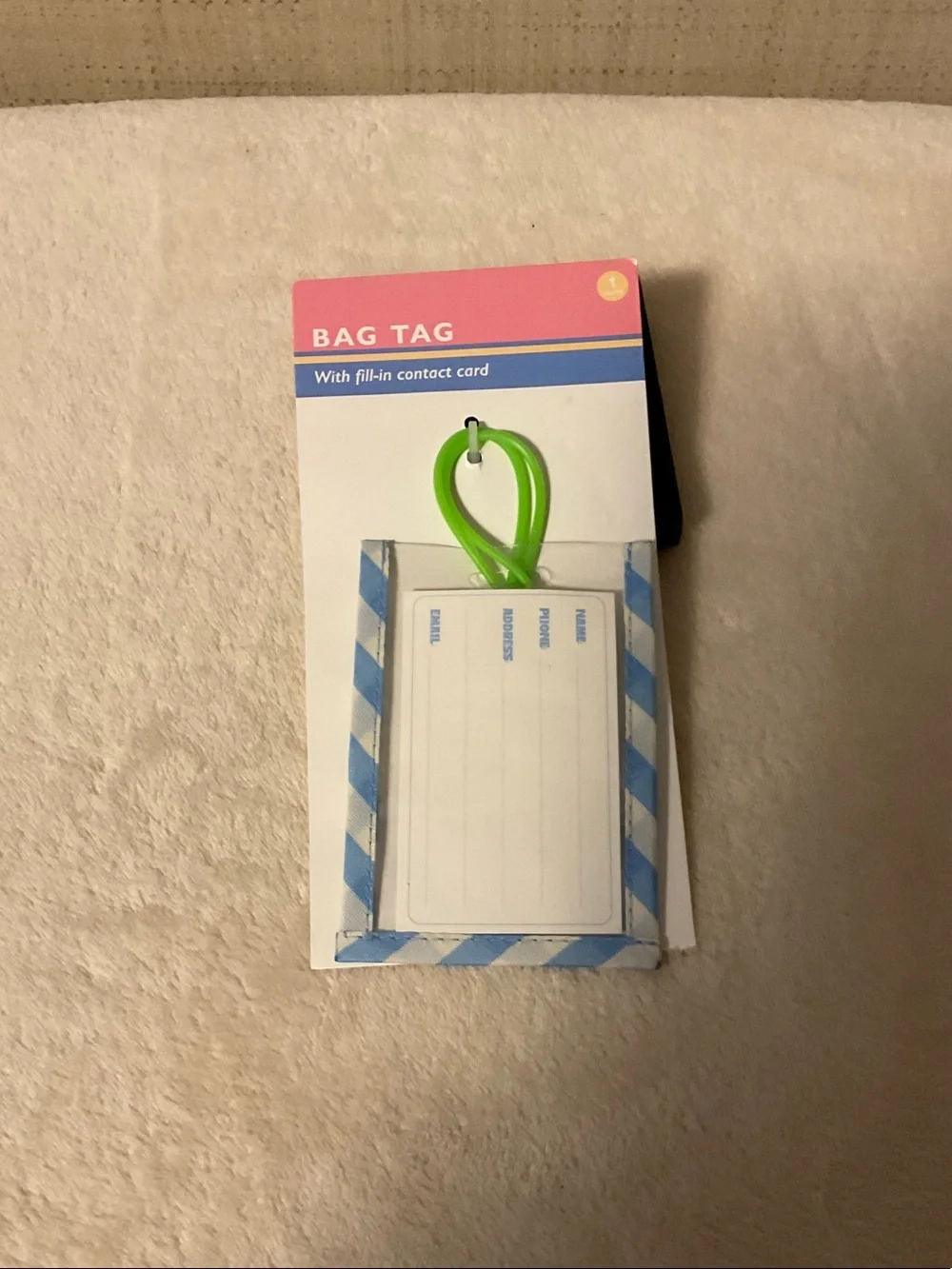 Striped Blue & White Luggage Bag Tag with Green Loop